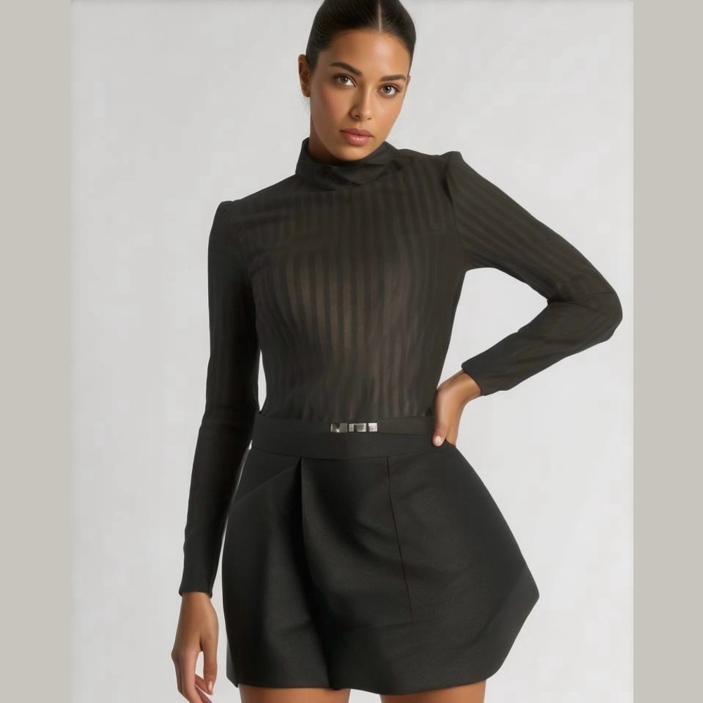 Mustard Seed Black Sheer Striped Romper. Small. NWT. Statement belt not included